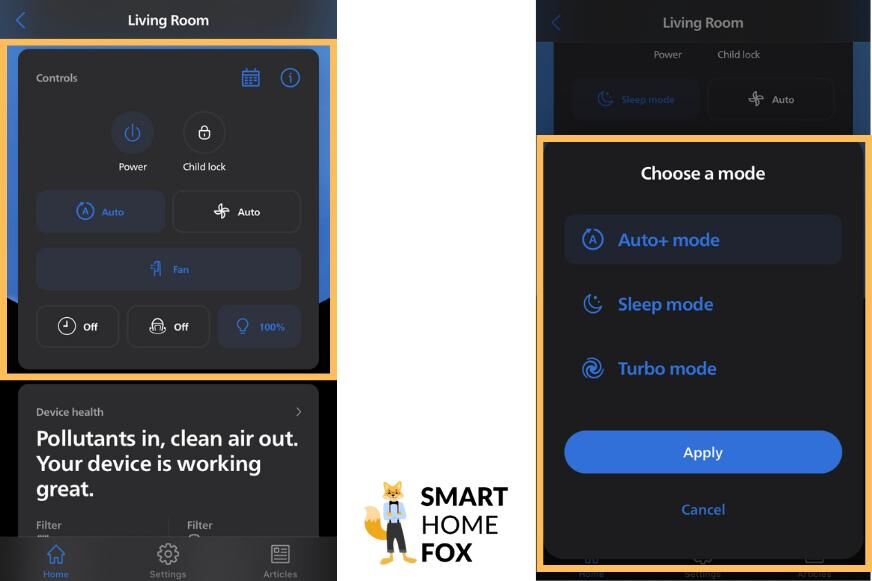 Управление Philips Air Performer через приложение Philips Air+ четко отображается в программе смартфона во время теста. 